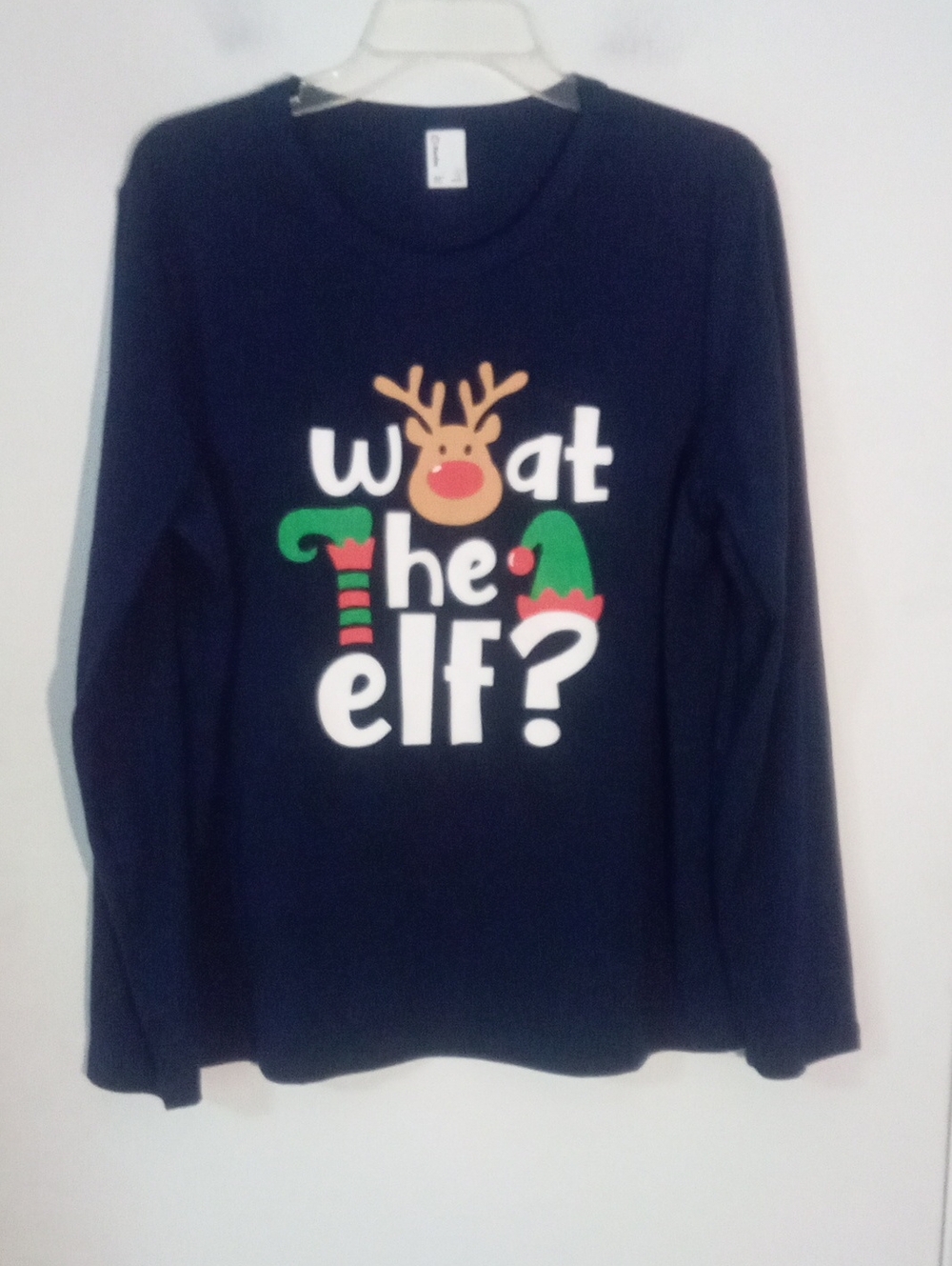 Long-Sleeve 'What The Elf?' Holiday Shirt Large New NWOT Navy Blue By Pat Pat